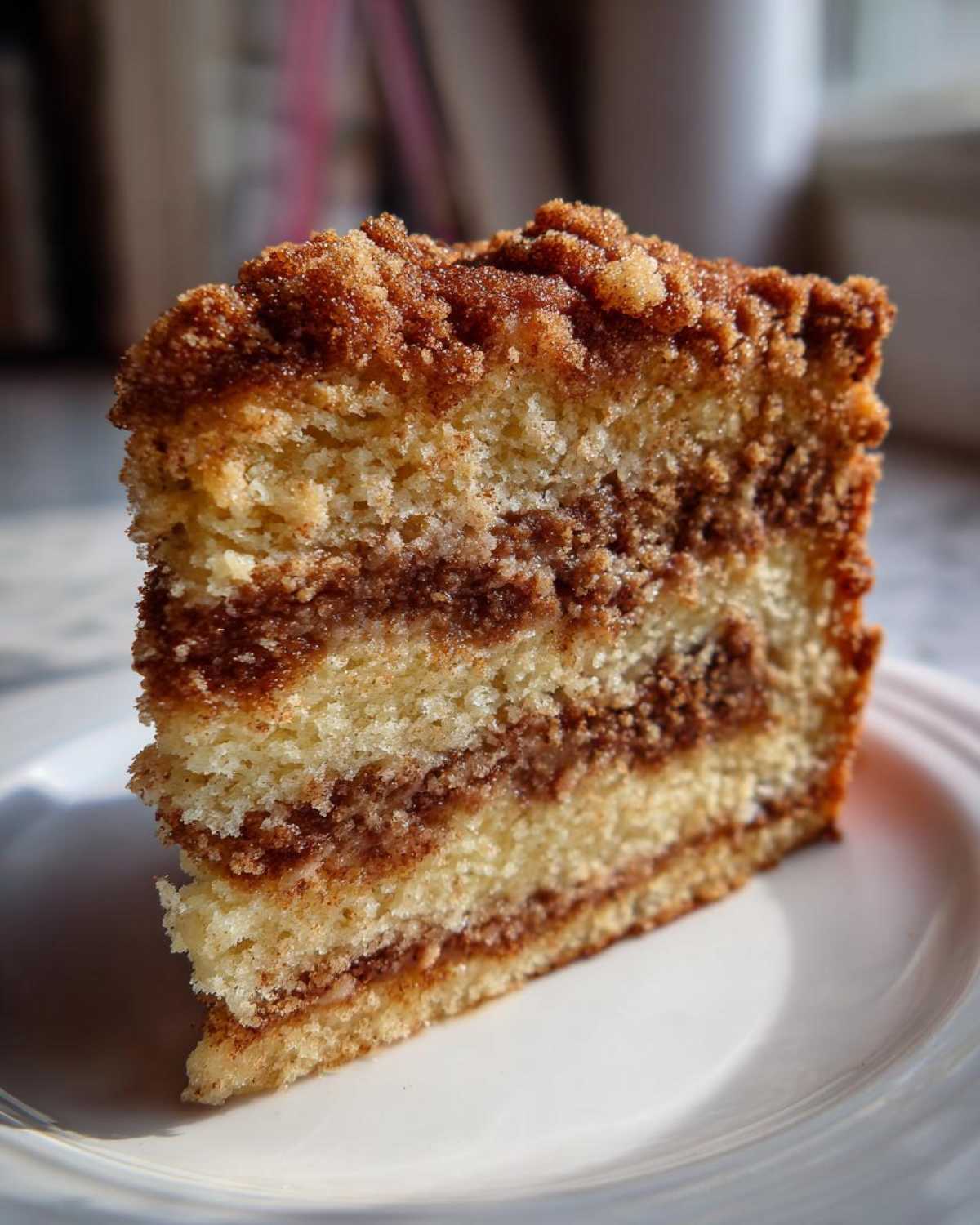 Close-up of a moist slice of coffee cake showing layers of vanilla cake and cinnamon streusel filling, topped with crumbly streusel.
