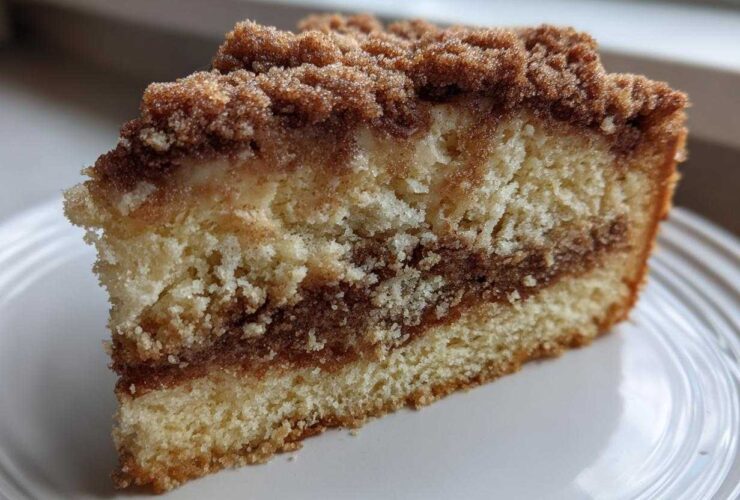 Close-up of a moist slice of coffee cake showing layers of cake, cinnamon swirl, and thick crumb topping.