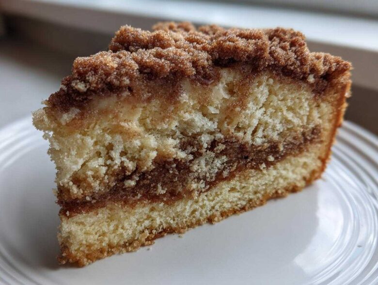 Close-up of a moist slice of coffee cake showing layers of cake, cinnamon swirl, and thick crumb topping.
