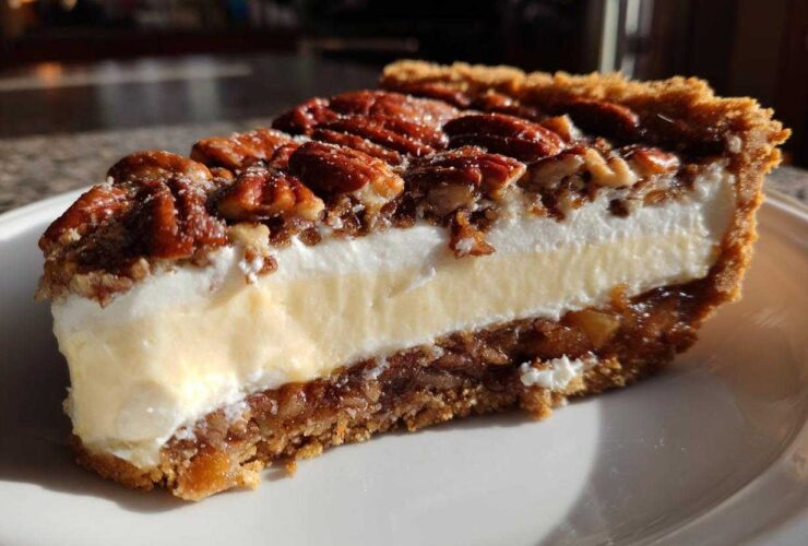 Close-up of a slice of pecan cream pie showing a graham cracker crust, pecan layer, creamy filling, and whipped topping with pecans.