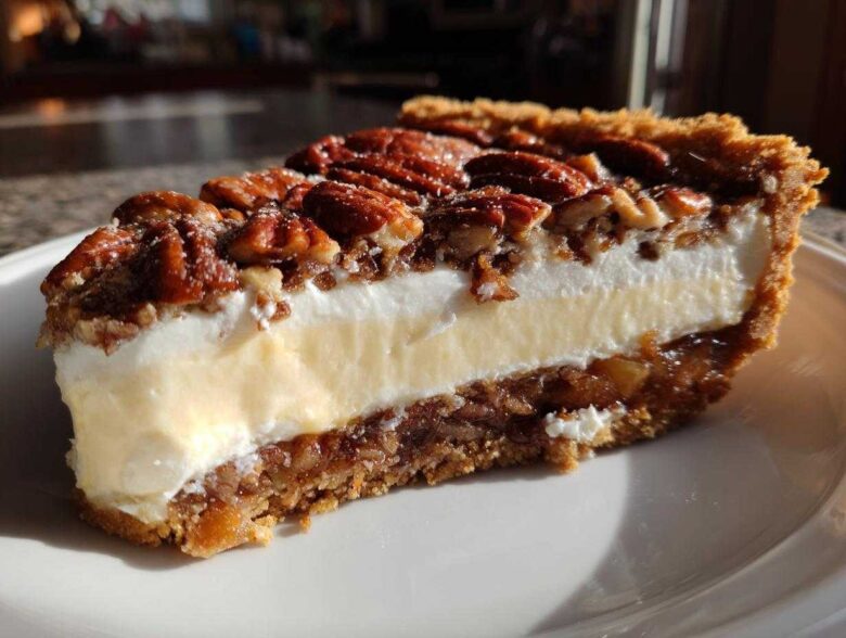 Close-up of a slice of pecan cream pie showing a graham cracker crust, pecan layer, creamy filling, and whipped topping with pecans.