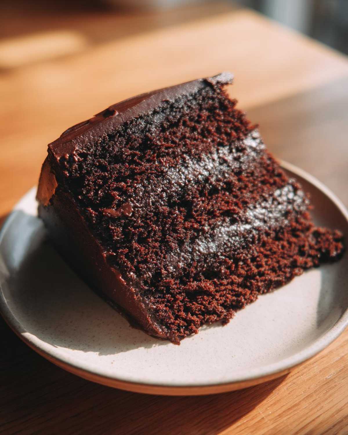 A decadent slice of moist chocolate cake recipe with dark, glossy frosting on a small plate.