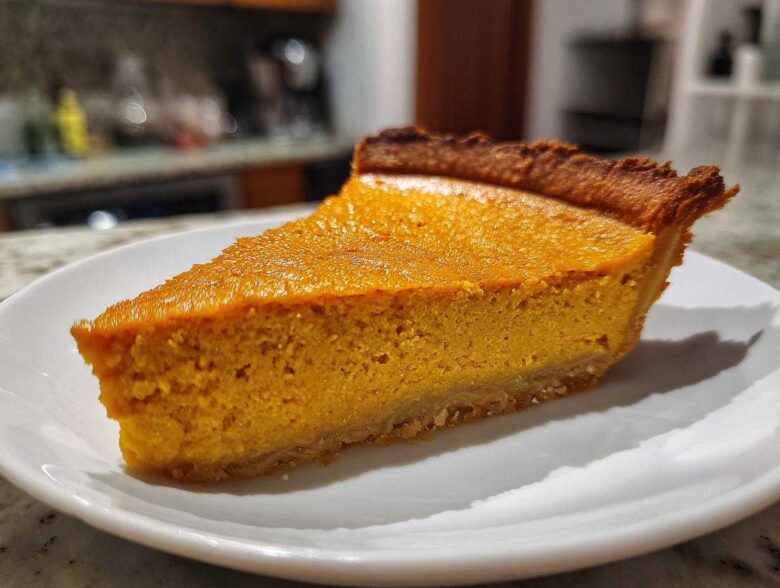 A close-up of a perfect slice of rich, orange vegan pumpkin pie on a white plate.