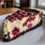 A close-up slice of rich white chocolate raspberry cheesecake featuring a dark crust and fresh raspberries throughout the creamy filling.