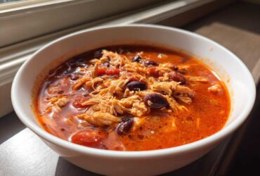 A white bowl filled with vibrant red slow cooker buffalo chicken chili, featuring shredded chicken and black beans.