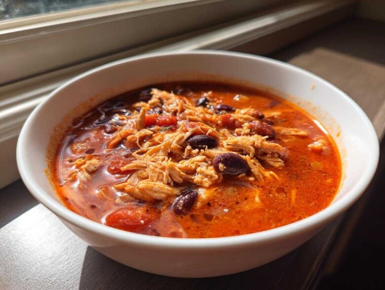 A white bowl filled with vibrant red slow cooker buffalo chicken chili, featuring shredded chicken and black beans.