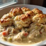A close-up of a bowl of creamy slow cooker chicken and dumplings topped with golden, fluffy biscuits.