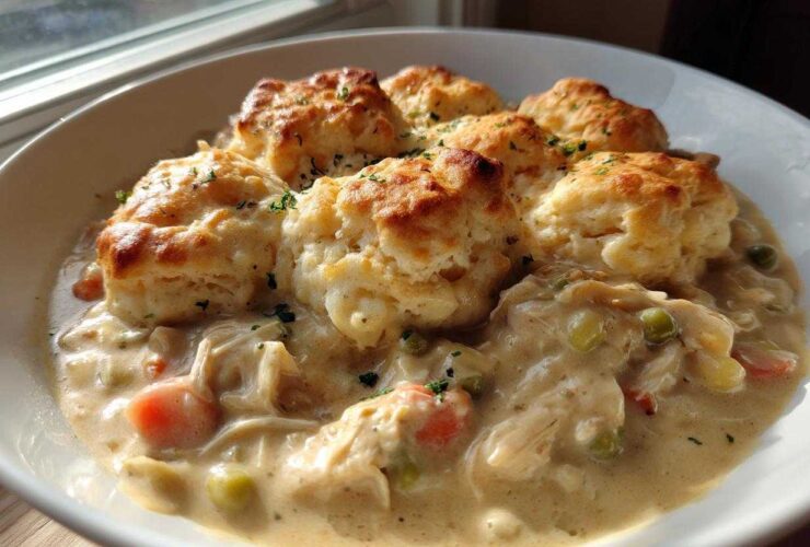 A close-up of a bowl of creamy slow cooker chicken and dumplings topped with golden, fluffy biscuits.