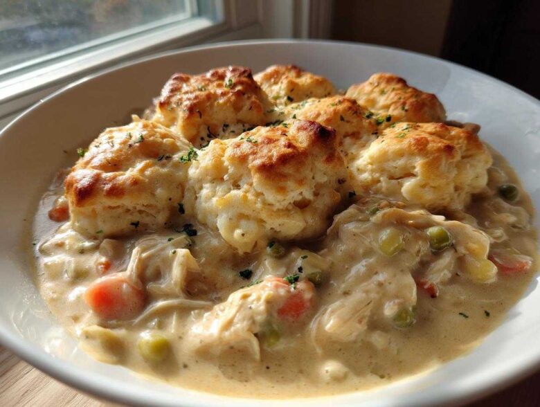 A close-up of a bowl of creamy slow cooker chicken and dumplings topped with golden, fluffy biscuits.