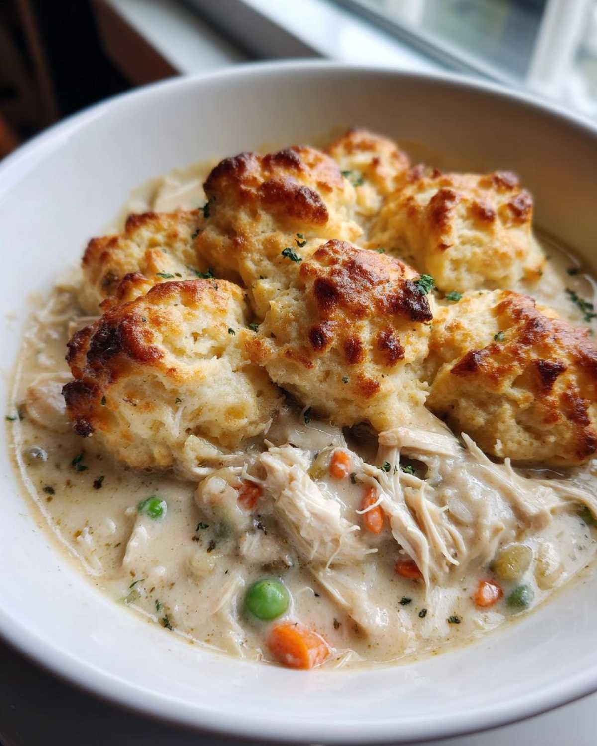 A close-up of a bowl of rich, creamy slow cooker chicken and dumplings topped with golden, fluffy biscuits.