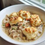 Close-up of a bowl of creamy slow cooker chicken and dumplings topped with golden biscuits.