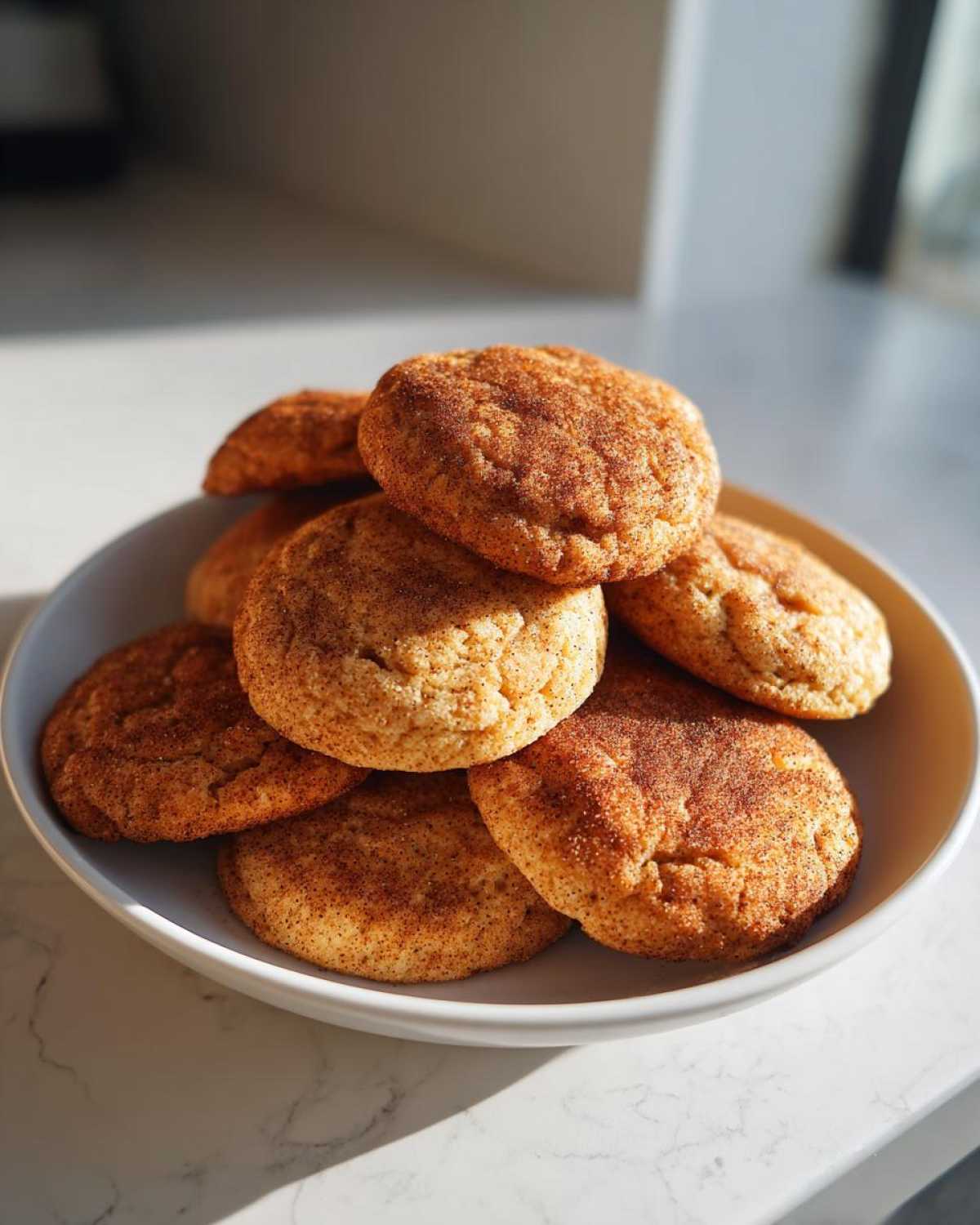 A stack of soft, cinnamon-sugar coated applesauce cookies piled high in a white bowl.