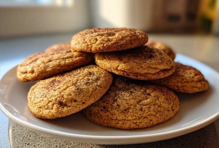 A stack of soft, golden applesauce cookies dusted with cinnamon sugar on a white plate.