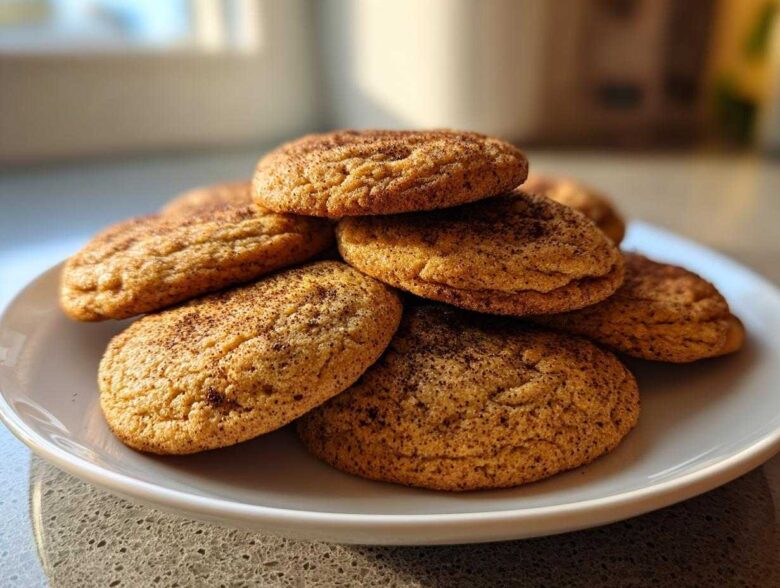 A stack of soft, golden applesauce cookies dusted with cinnamon sugar on a white plate.