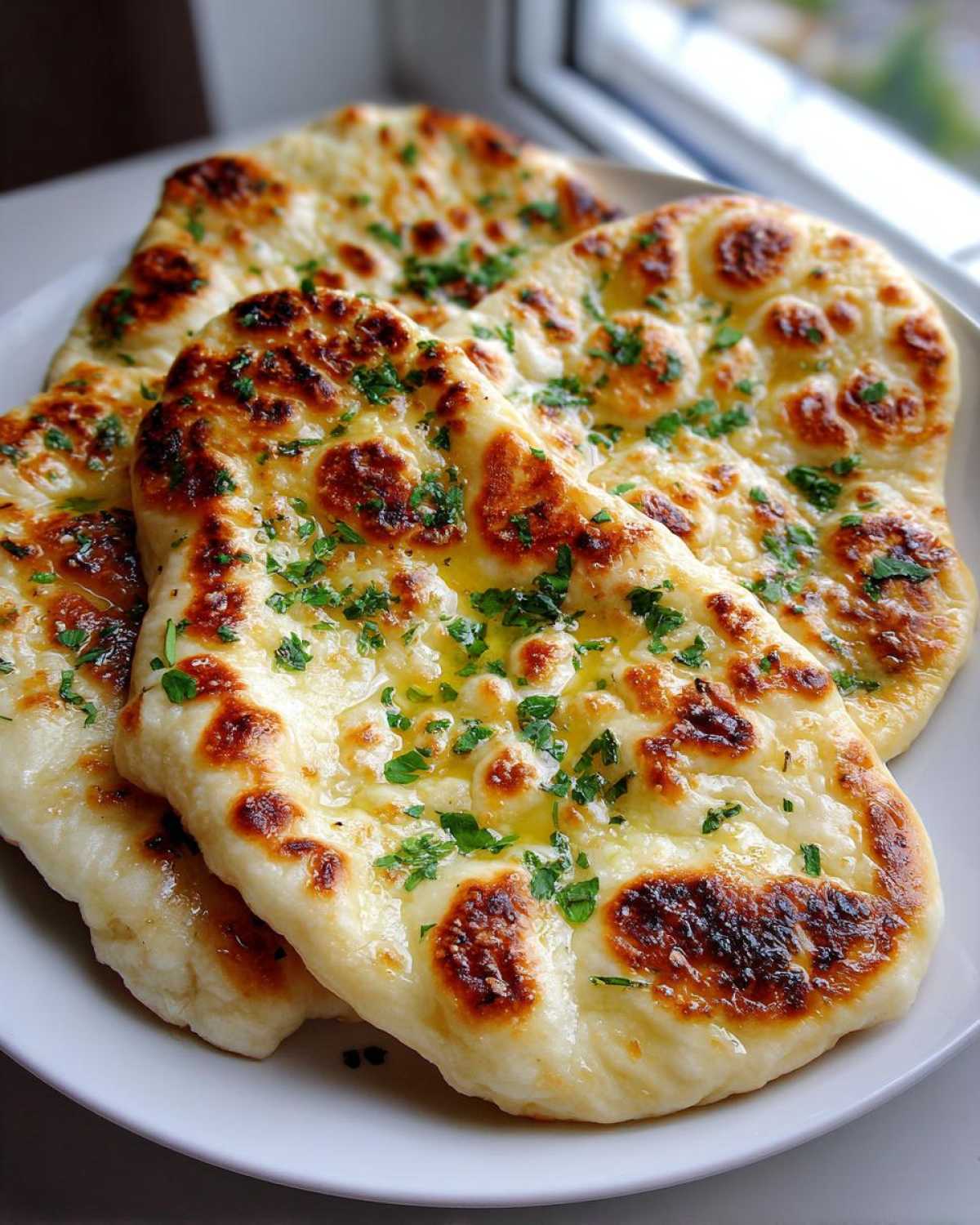 Close-up of three pieces of fluffy, soft naan bread brushed with melted butter and topped with chopped parsley.