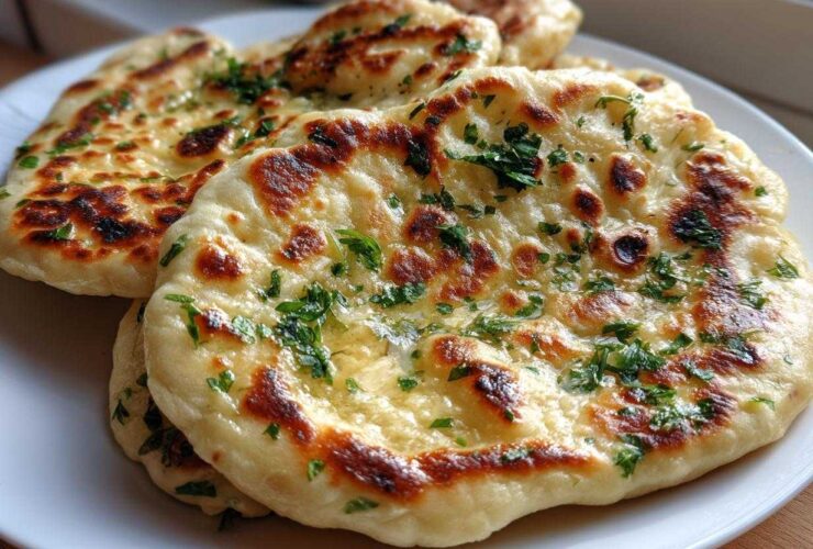 Close-up of several pieces of soft naan bread, brushed with butter and sprinkled with fresh green parsley.