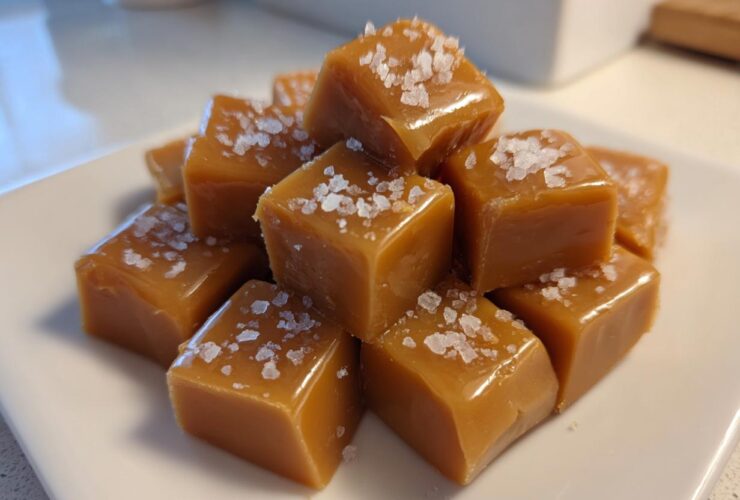 A close-up stack of soft, chewy, golden-brown caramels topped with flaky sea salt.