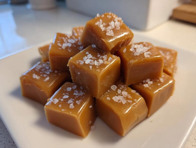 A close-up stack of soft, chewy, golden-brown caramels topped with flaky sea salt.