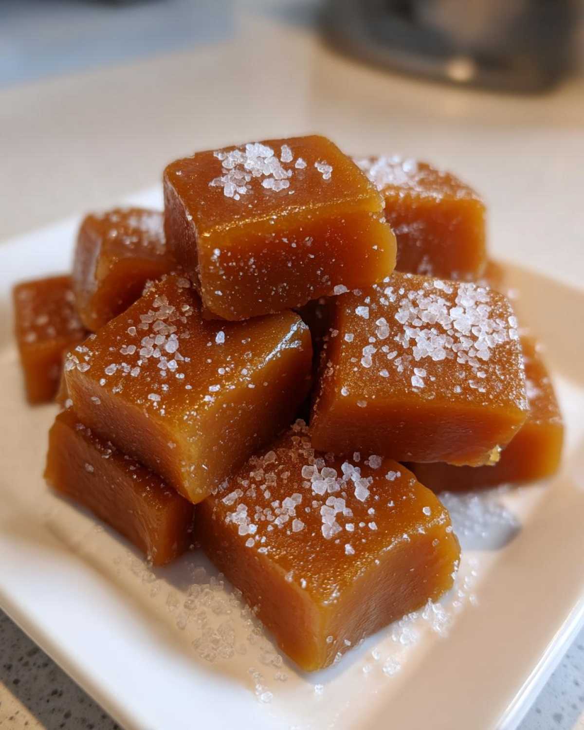 A stack of soft, square caramels generously topped with flaky sea salt, ready to eat.