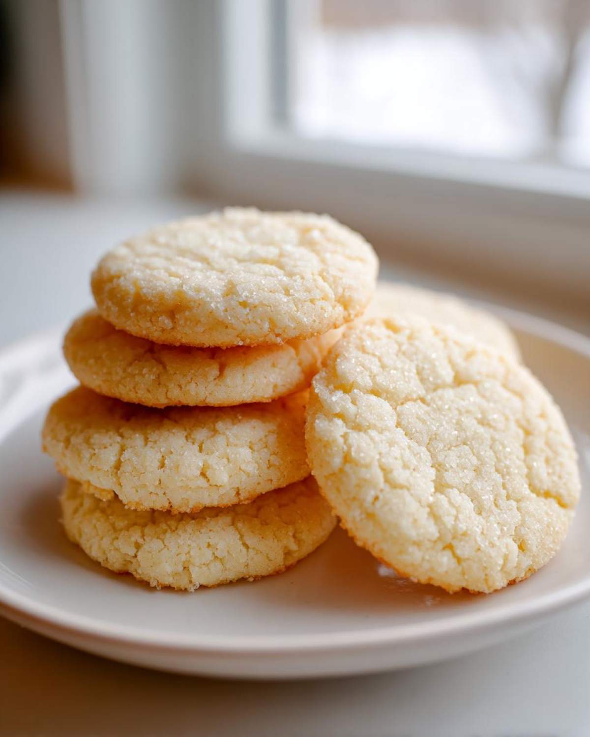 A stack of four soft, round sugar cookie treats sprinkled with coarse sugar.