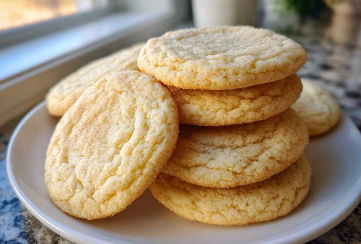 A stack of freshly baked, soft sugar cookie rounds dusted with sparkling sugar on a white plate.