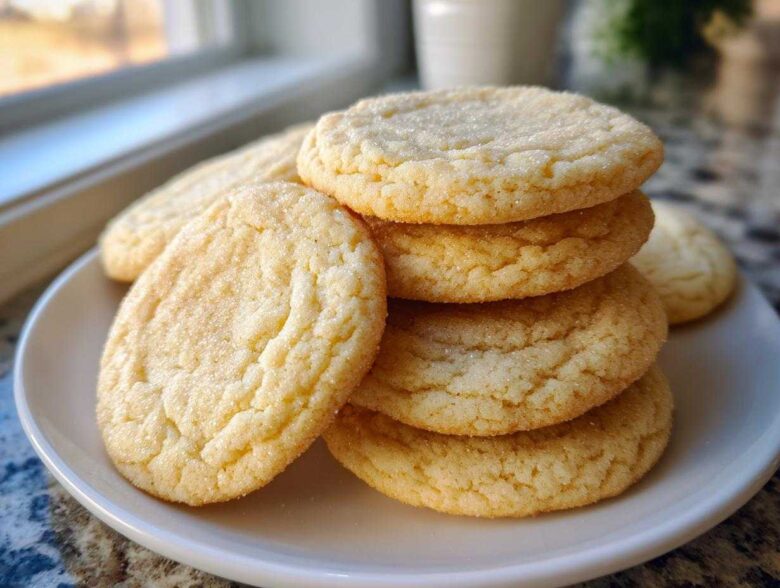 A stack of freshly baked, soft sugar cookie rounds dusted with sparkling sugar on a white plate.