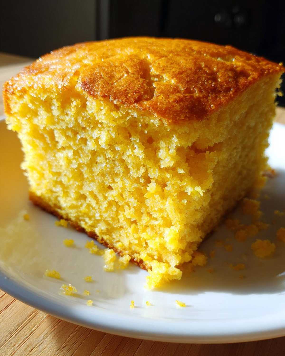 Close-up of a square slice of bright yellow sourdough cornbread with a golden crust, sitting on a white plate.