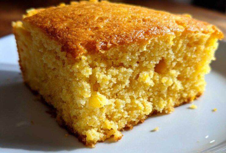 A close-up, detailed shot of a moist, golden slice of sourdough cornbread on a white plate.