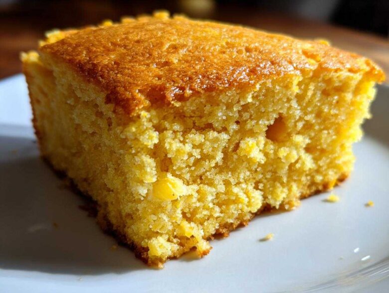 A close-up, detailed shot of a moist, golden slice of sourdough cornbread on a white plate.