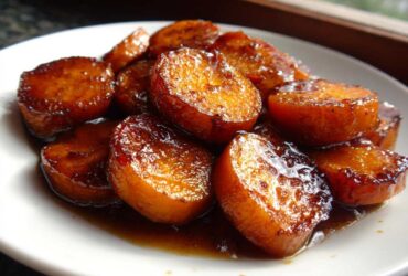 A close-up of thick-cut, glazed southern candied yams soaking in a rich, dark syrup on a white plate.