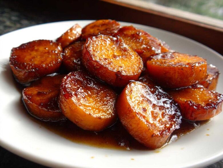 A close-up of thick-cut, glazed southern candied yams soaking in a rich, dark syrup on a white plate.