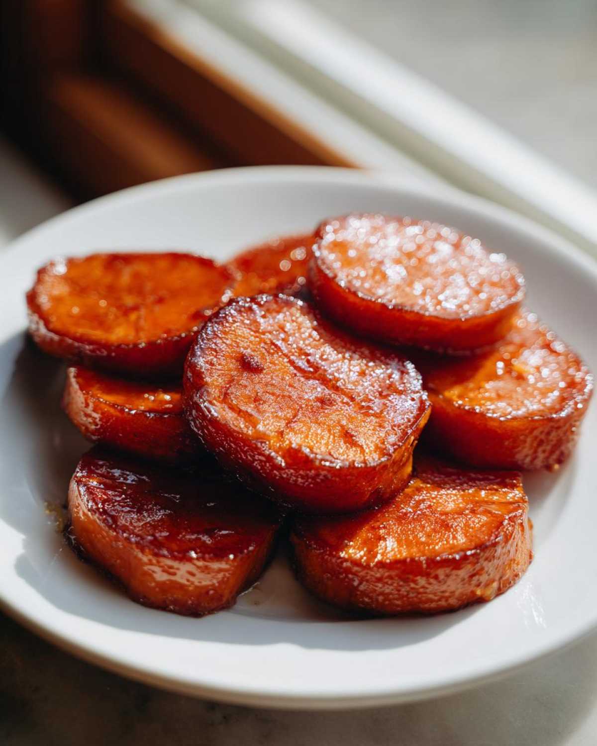 Close-up of glossy, caramelized slices of southern candied yams piled on a white plate.