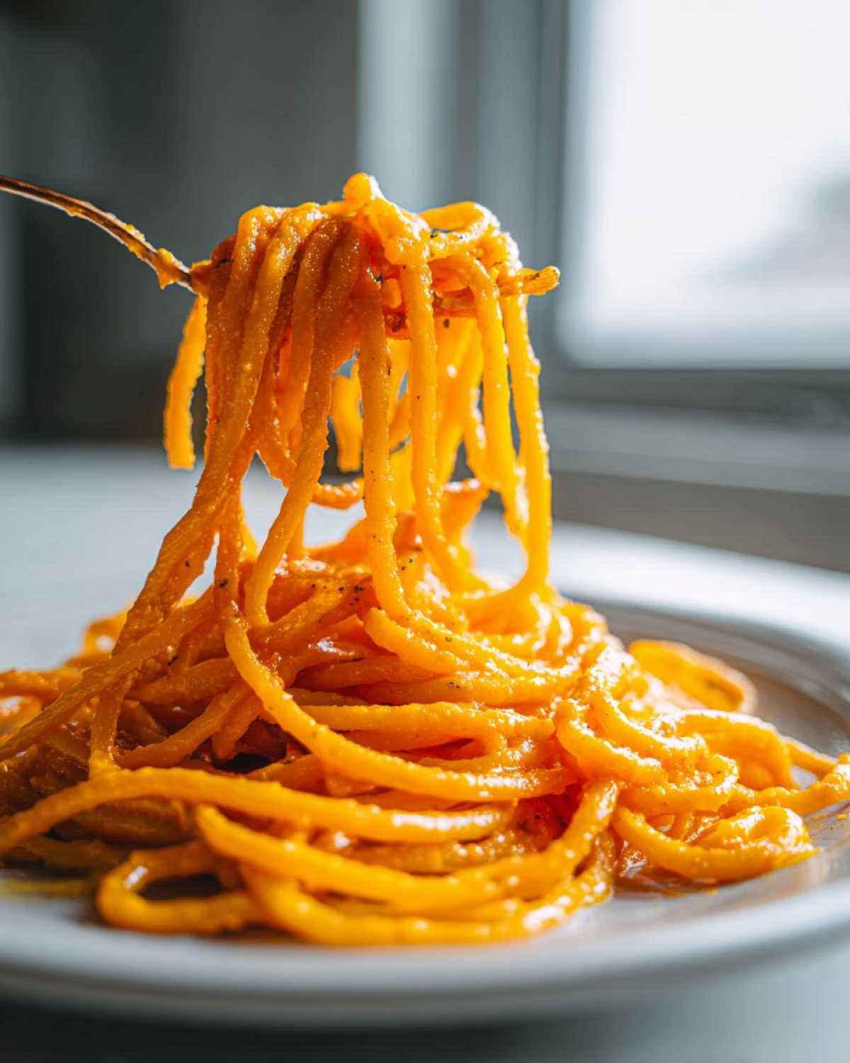 A fork lifts spaghetti coated thickly in bright orange butternut squash pasta sauce from a plate.