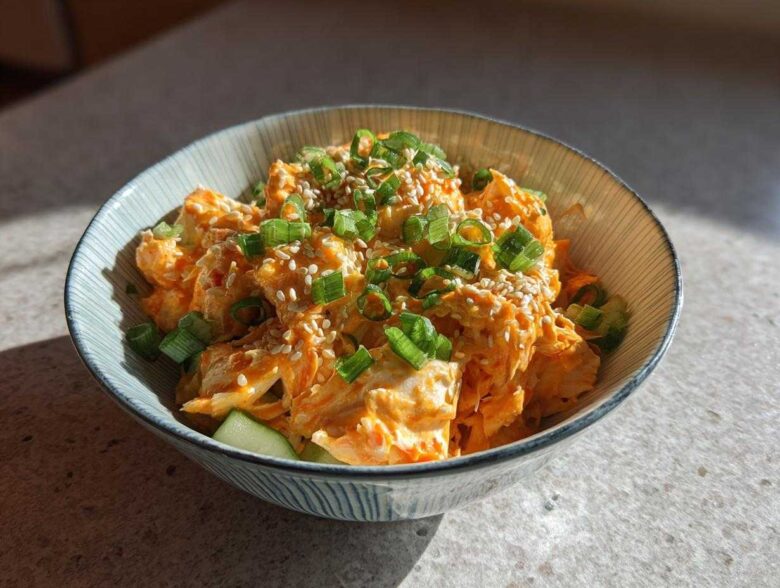 A close-up of a bowl of spicy kani salad, featuring shredded crab mixed with orange dressing, topped with sesame seeds and green onions.