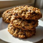 A tempting stack of three freshly baked banana oatmeal cookies loaded with chocolate chips on a white plate.