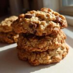 A close-up stack of three chewy banana oatmeal cookies loaded with chocolate chips, bathed in sunlight.