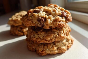 A close-up stack of three chewy banana oatmeal cookies loaded with chocolate chips, bathed in sunlight.