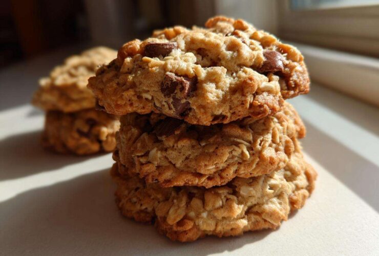 A close-up stack of three chewy banana oatmeal cookies loaded with chocolate chips, bathed in sunlight.