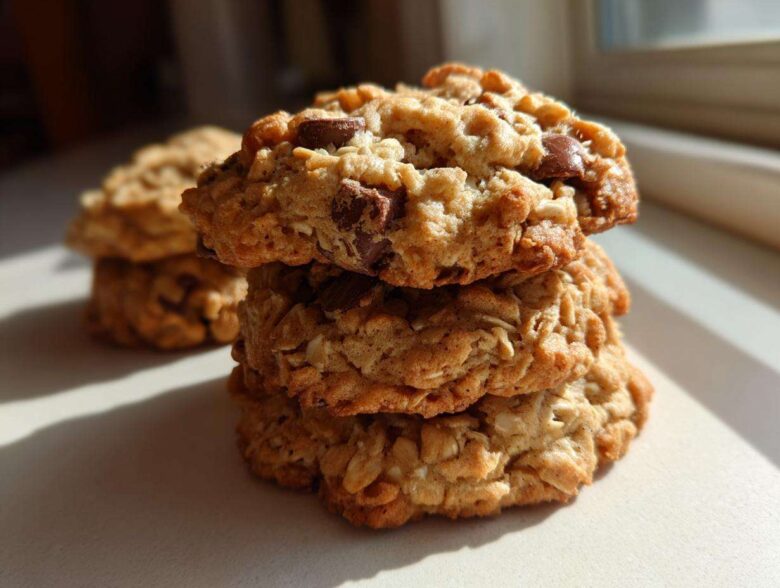 A close-up stack of three chewy banana oatmeal cookies loaded with chocolate chips, bathed in sunlight.