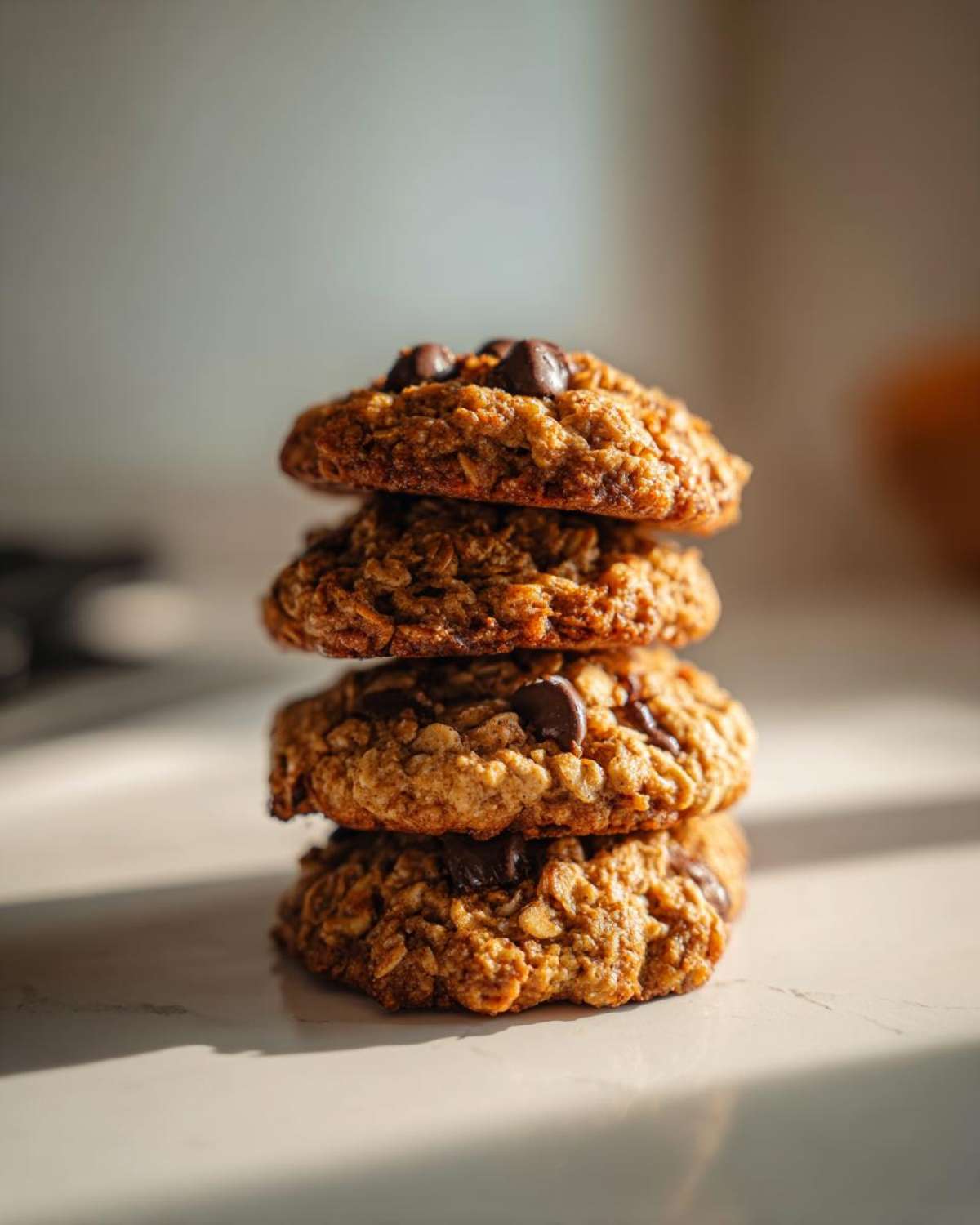 A vertical stack of four chewy banana oatmeal cookies studded with chocolate chips, highlighted by sunlight.