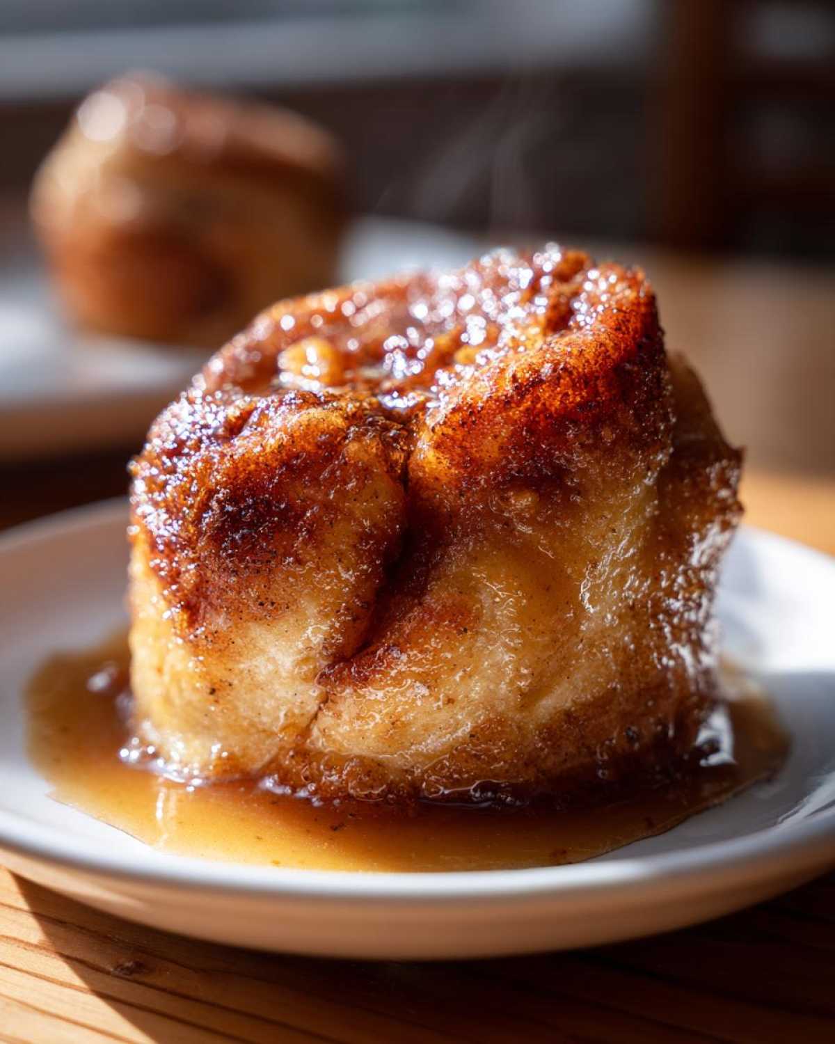 Close-up of a freshly baked, steaming apple dumpling covered in rich caramel sauce on a white plate.