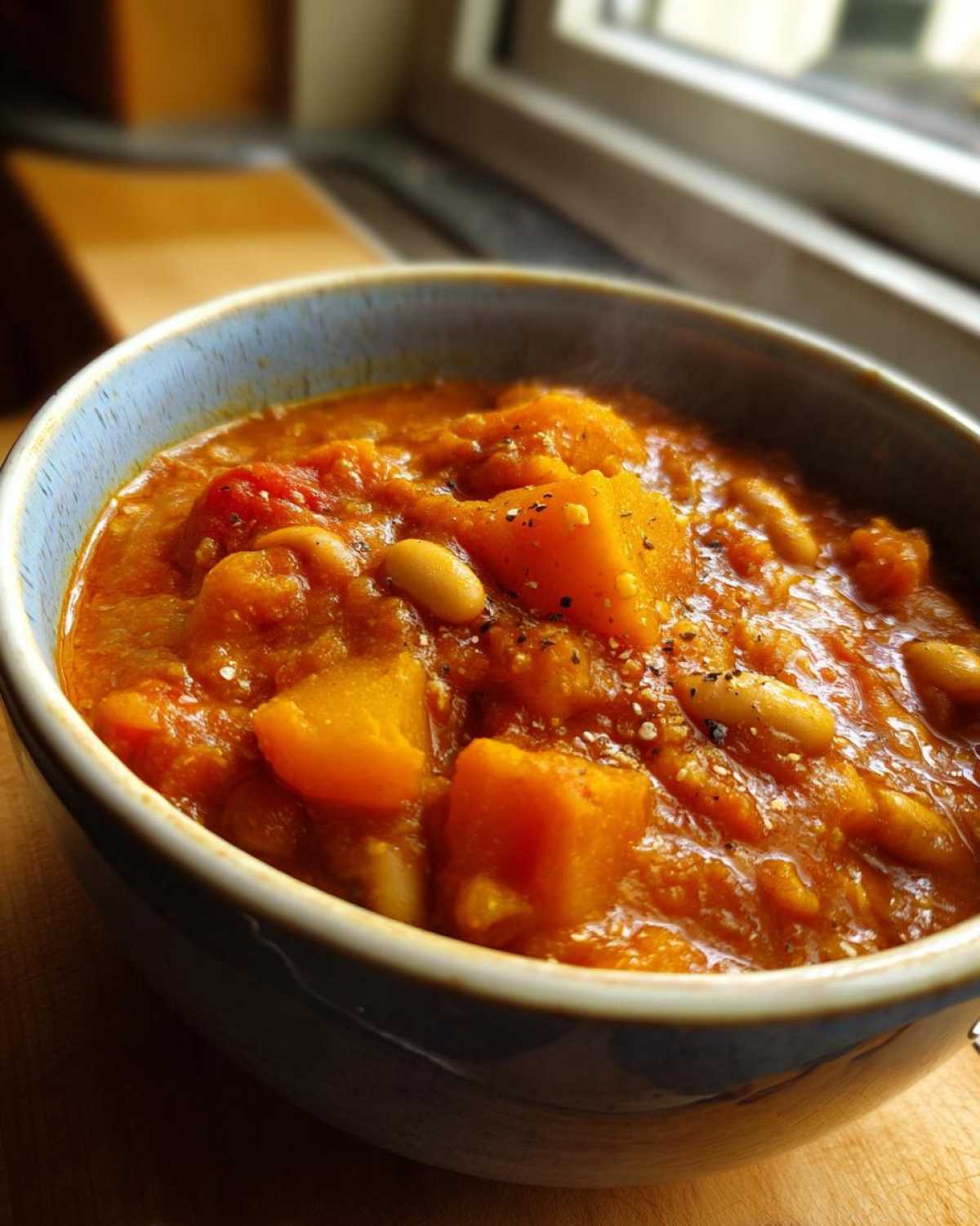 Close-up of a steaming bowl of hearty butternut squash chili with white beans, seasoned with pepper.