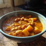 A close-up of a steaming bowl of hearty butternut squash chili with visible chunks of orange squash and white beans.