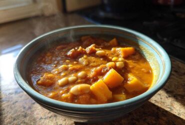 A close-up of a steaming bowl of hearty butternut squash chili with visible chunks of orange squash and white beans.
