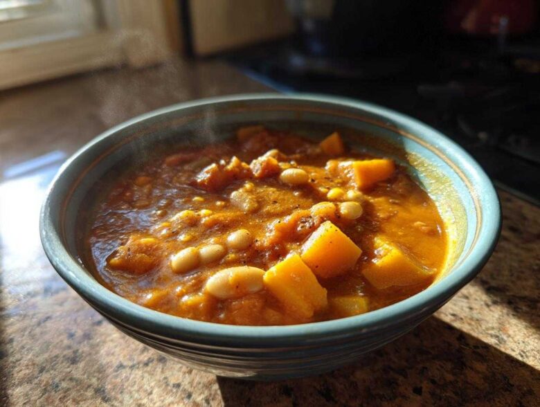 A close-up of a steaming bowl of hearty butternut squash chili with visible chunks of orange squash and white beans.