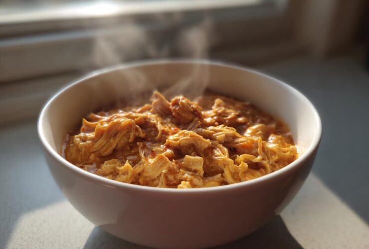 A close-up of a white bowl filled with thick, steaming homemade cream of chicken soup, rich with shredded chicken.