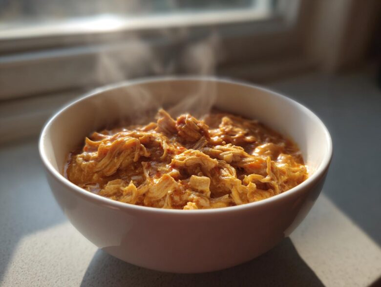 A close-up of a white bowl filled with thick, steaming homemade cream of chicken soup, rich with shredded chicken.