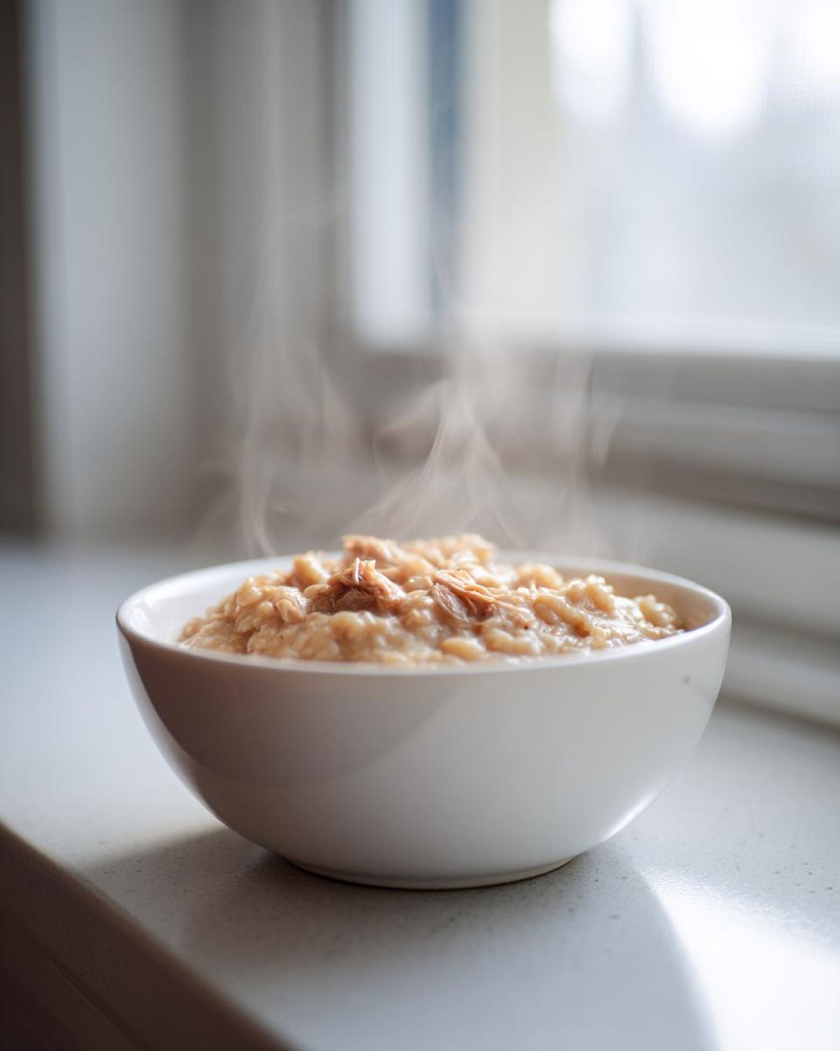 A white bowl filled with steaming homemade cream of chicken soup, featuring visible shreds of chicken.