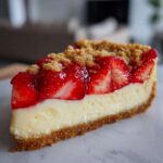 Close-up of a perfect slice of strawberry shortcake cheesecake showing a graham cracker crust, creamy filling, and strawberry topping.