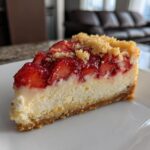 A perfect slice of strawberry shortcake cheesecake featuring a graham cracker crust, creamy filling, and topped with glazed strawberries and crumble.